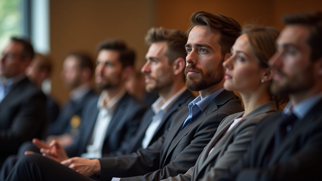 Diverse Gruppe von Zuhörern in modernem Konferenzsaal, aufmerksame Blicke, authentische Reaktionen, warmes Licht
