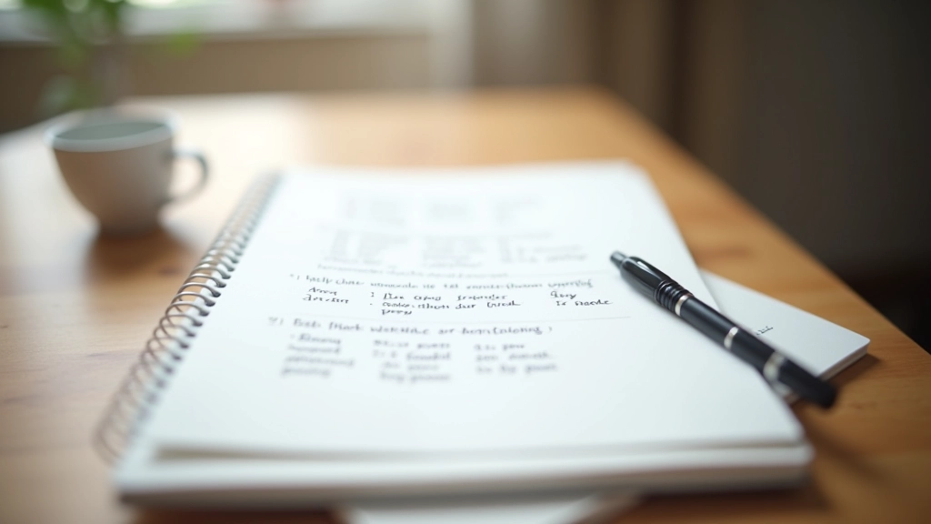 Notizbuch mit handschriftlich notiertem Story-Framework, Stift daneben, auf Schreibtisch in Büroumgebung