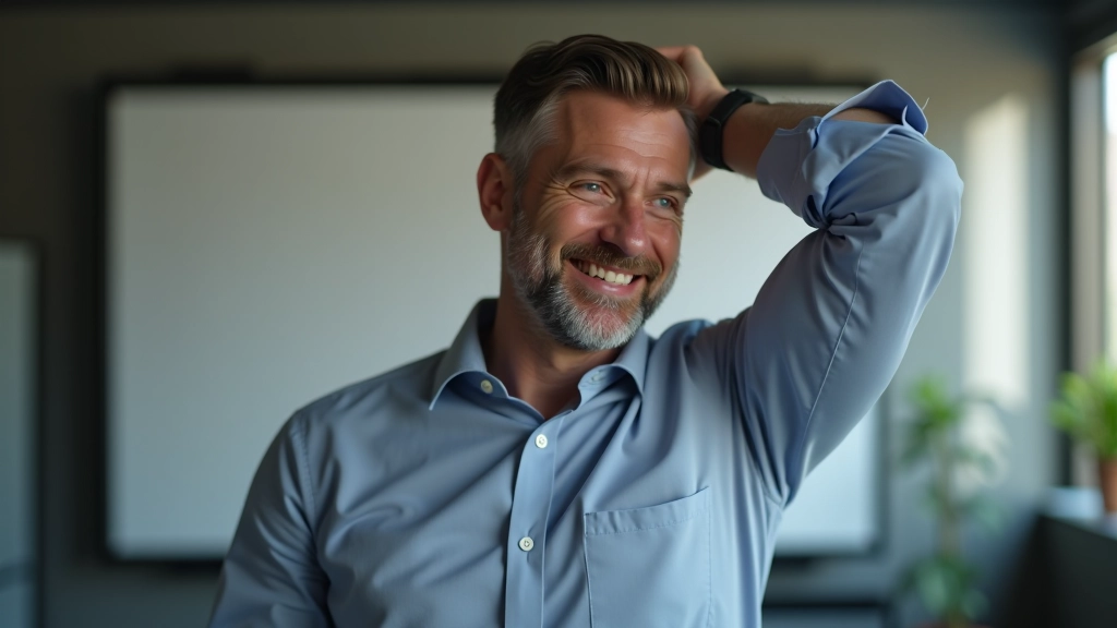 Person dehnt sich leicht, entspannte Körperhaltung mit Schulterrotation, warm-up Bewegungen vor Präsentation