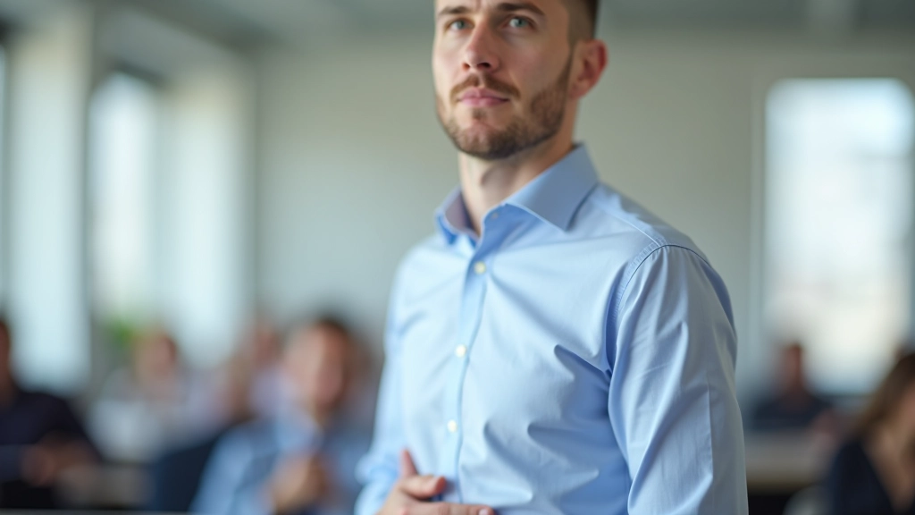 Nahaufnahme eines Mannes in hellblauem Hemd, Hand auf Bauch platziert, konzentrierter Ausdruck, helles Trainings-Klassenzimmer