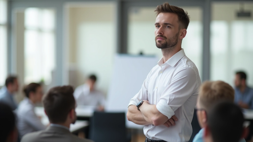 Mann hält Präsentation vor Flipchart mit Story-Notizen, professionelle Körpersprache, attentives Publikum, moderne Meetingraum-Umgebung