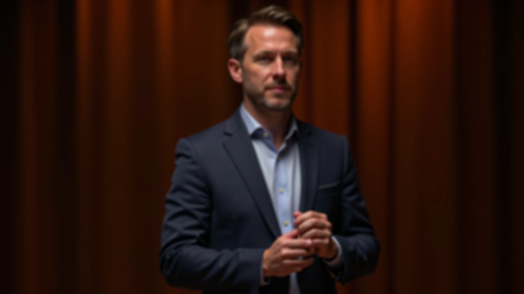 Mann steht in aufrechter Haltung mit entspannten Schultern, Füße schulterbreit auseinander, offene Körperhaltung, professionelles Setting mit Bühnenhintergrund