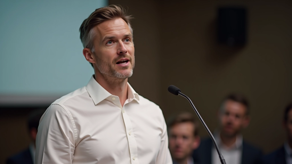 Nahaufnahme eines Mannes, der konzentriert mit Mikrofon in Seminarraum spricht, Notizen auf Pult