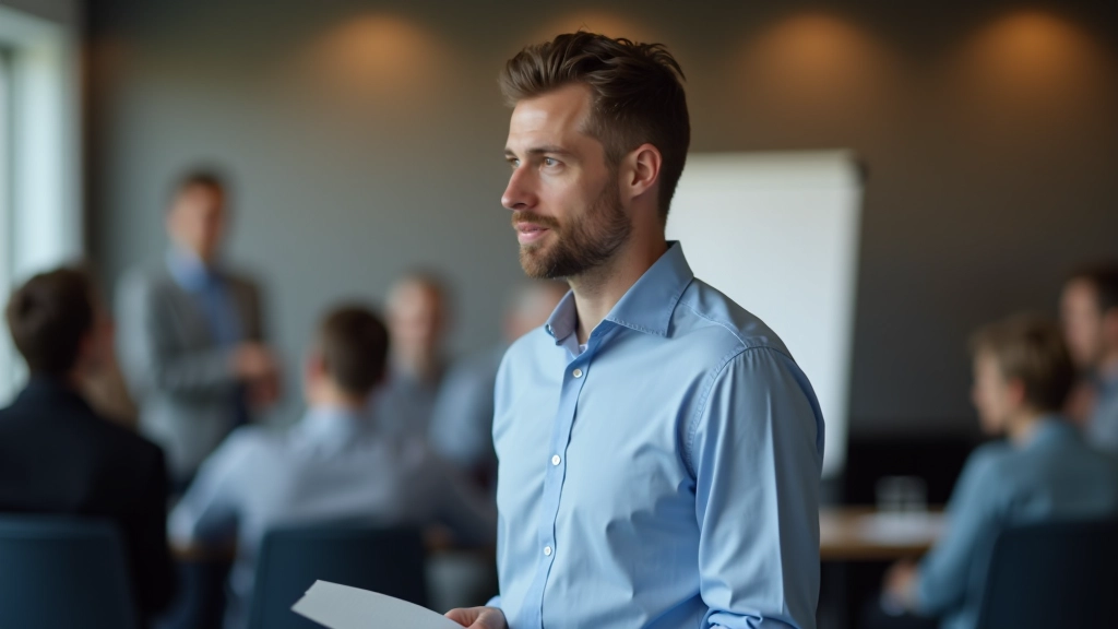 Mann vor Präsentation, sichtbare Nervosität wird gemanagt, ruhige Körpersprache trotz Anspannung, professionelle Vorbereitung