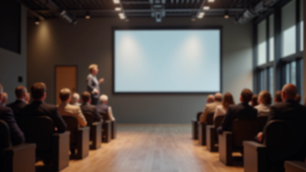 Moderner Schulungsraum mit leerer Bühne, professionelle Beleuchtung, breiter Blickwinkel, inspirierende Atmosphäre