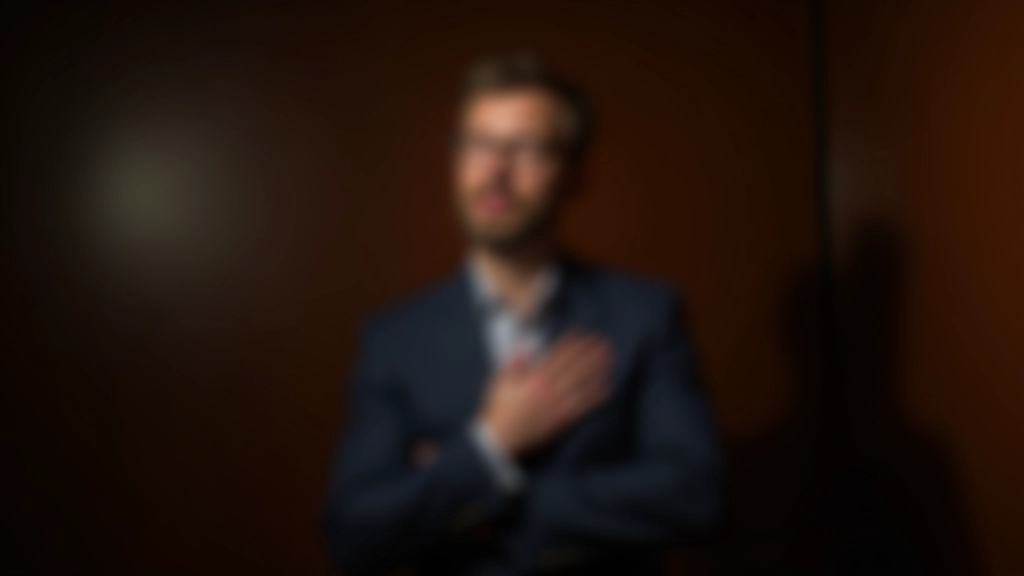 Person atmet tief durch, Augen geschlossen, entspannte Schultern, Hand auf der Brust, ruhige Bühnensituation vor Präsentation