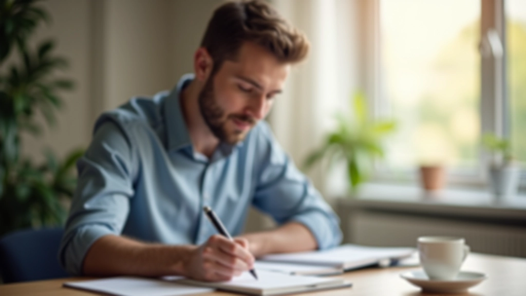 Person sitzt am Schreibtisch, schreibt in Notizbuch, Kaffeetasse daneben, Fenster mit Tageslicht, konzentrierter Gesichtsausdruck, minimalistisches Bürosetup