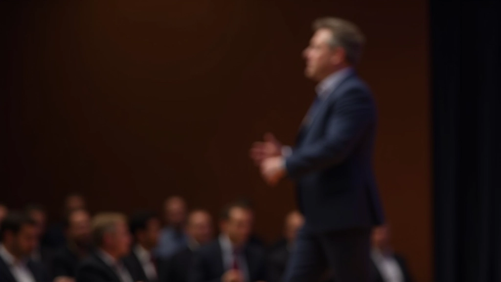 Person geht absichtsvoll über die Bühne, selbstsicherer Gang, offene Körperhaltung, Publikum sichtbar im Hintergrund, professionelle Lichtsetzung