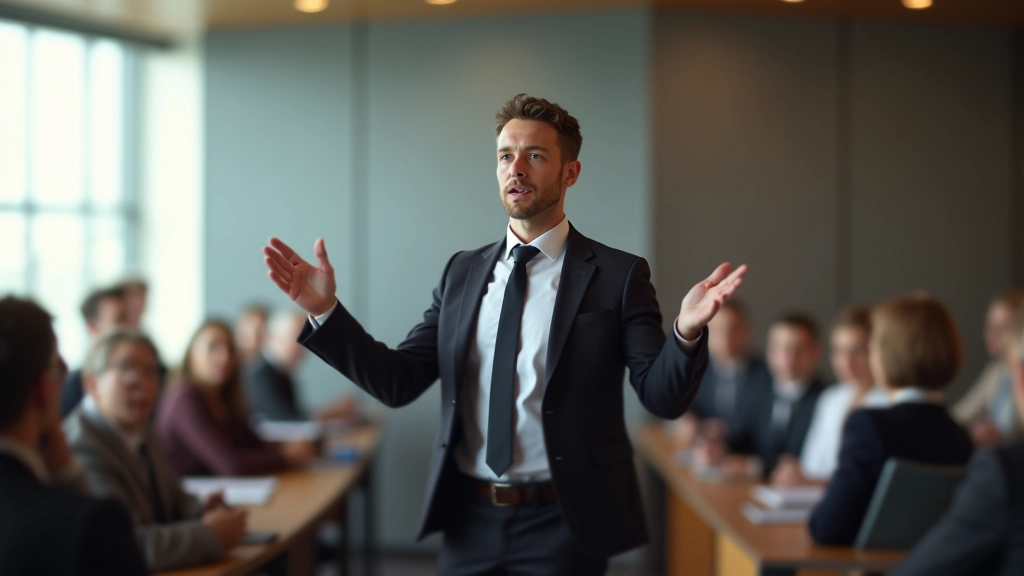 Trainer steht mit offener Geste vor Gruppe, zeigt Präsentationstechniken, modernes Schulungsumfeld mit Notizpulten