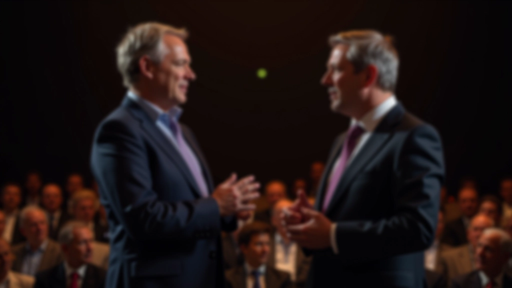 Zwei Redner auf Konferenz-Podium, Dialog-Situation, Publikum aufmerksam, professionelle Bühnenausstattung, dynamische Körperhaltung