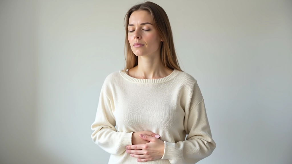 Frau führt Atemübung durch, sitzt aufrecht mit geschlossenen Augen in ruhiger Position, konzentrierte Körperhaltung
