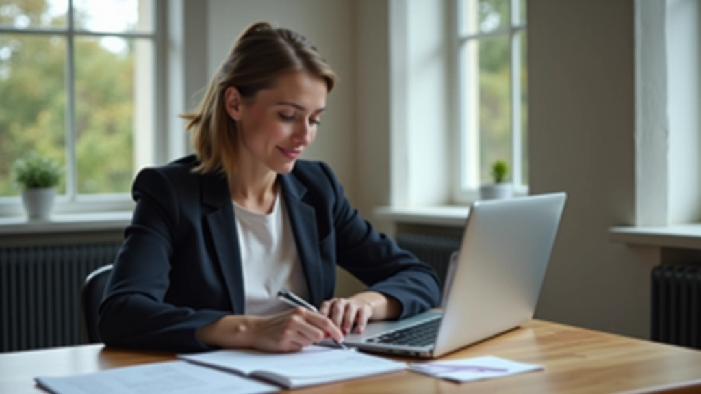 Person arbeitet an Laptop mit Notizen, Vorbereitung einer Präsentation mit Unterlagen auf dem Schreibtisch
