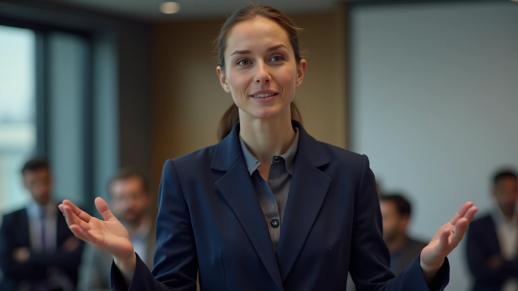 Frau mit selbstbewusster Körperhaltung beim Sprechen vor Publikum in modernem Seminarraum