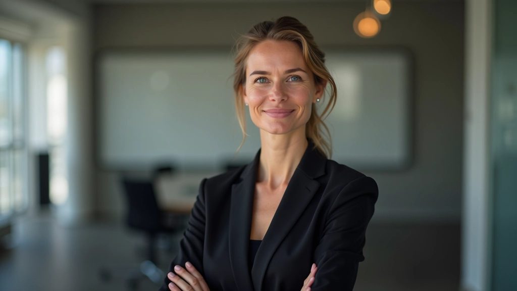 Frau im dunklen Blazer, aufrecht in modernem Trainingsraum stehend, selbstbewusster Blick, natürliche Beleuchtung von vorne