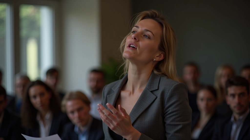 Frau gestikuliert während Präsentation, Hände auf Schulterhöhe, natürliche Bewegungen, ausdrucksstarke Gesten, Publikum im Hintergrund