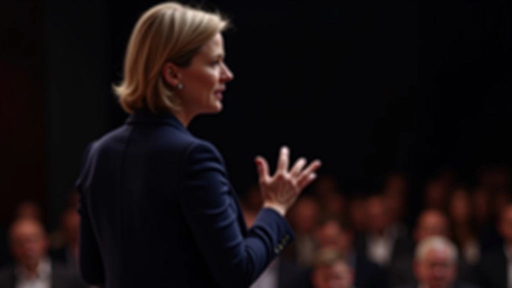 Frau mittleren Alters erzählt Geschichte auf Bühne, Publikum aufmerksam zuhörend, warmes Bühnenlicht, unscharfer Hintergrund